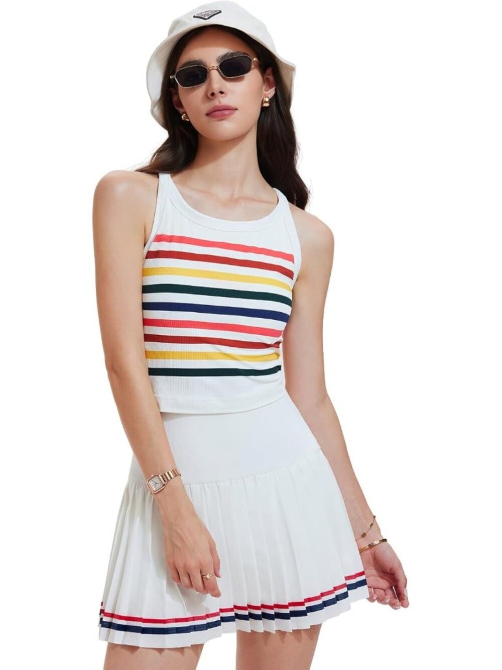 〽️Women Stripe Rainbow 2 Piece Racer Back Tennis Skirt Tank Top Pull On Dress
